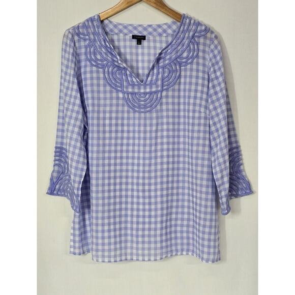 Talbots EMBROIDERED GINGHAM POPOVER Blue & White 3/4 Sleeve V-Neck Size Large - Picture 2 of 8